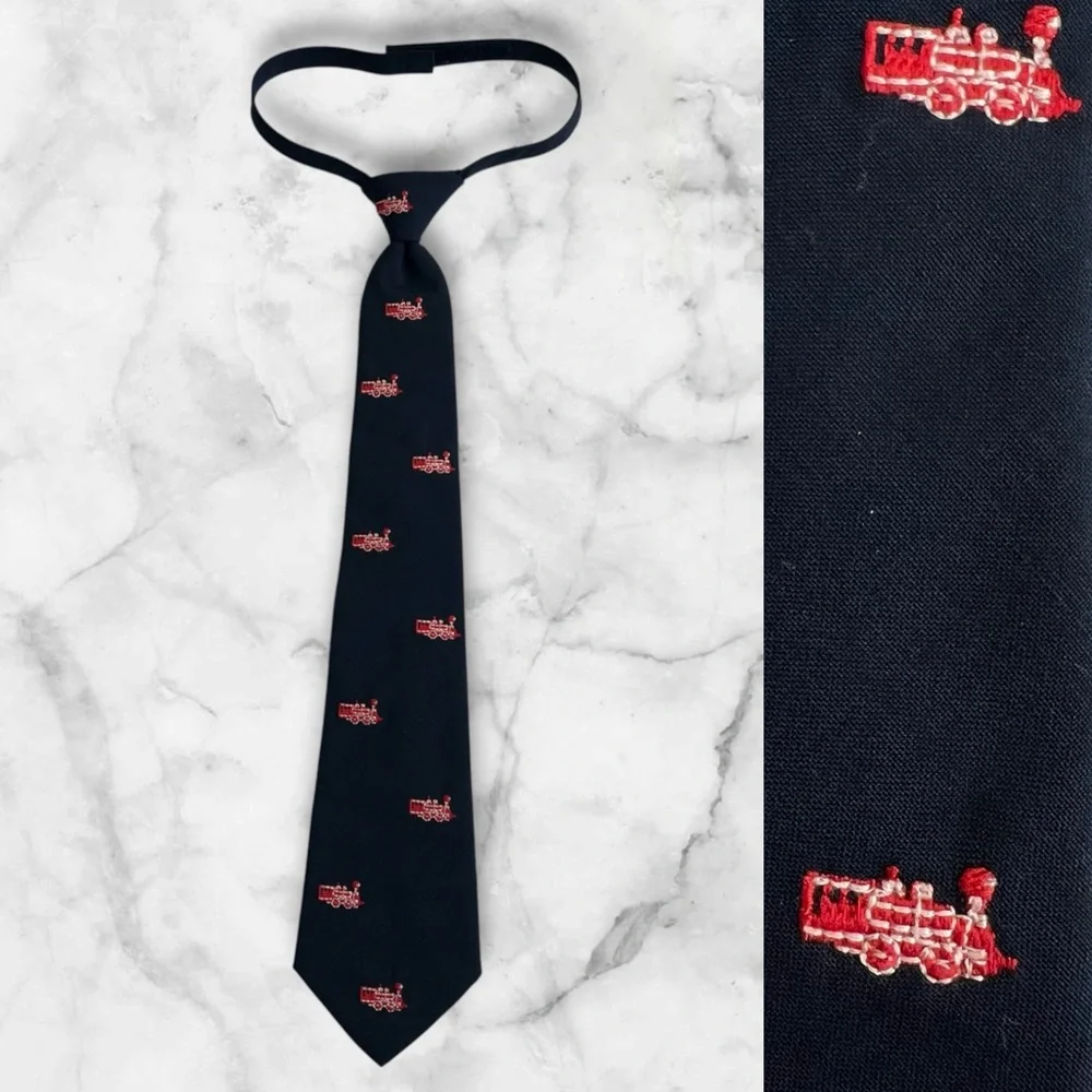 JANIE & JACK Wool Necktie Navy With Red Trains Hook Loop Closure Size Age 6‎ Up